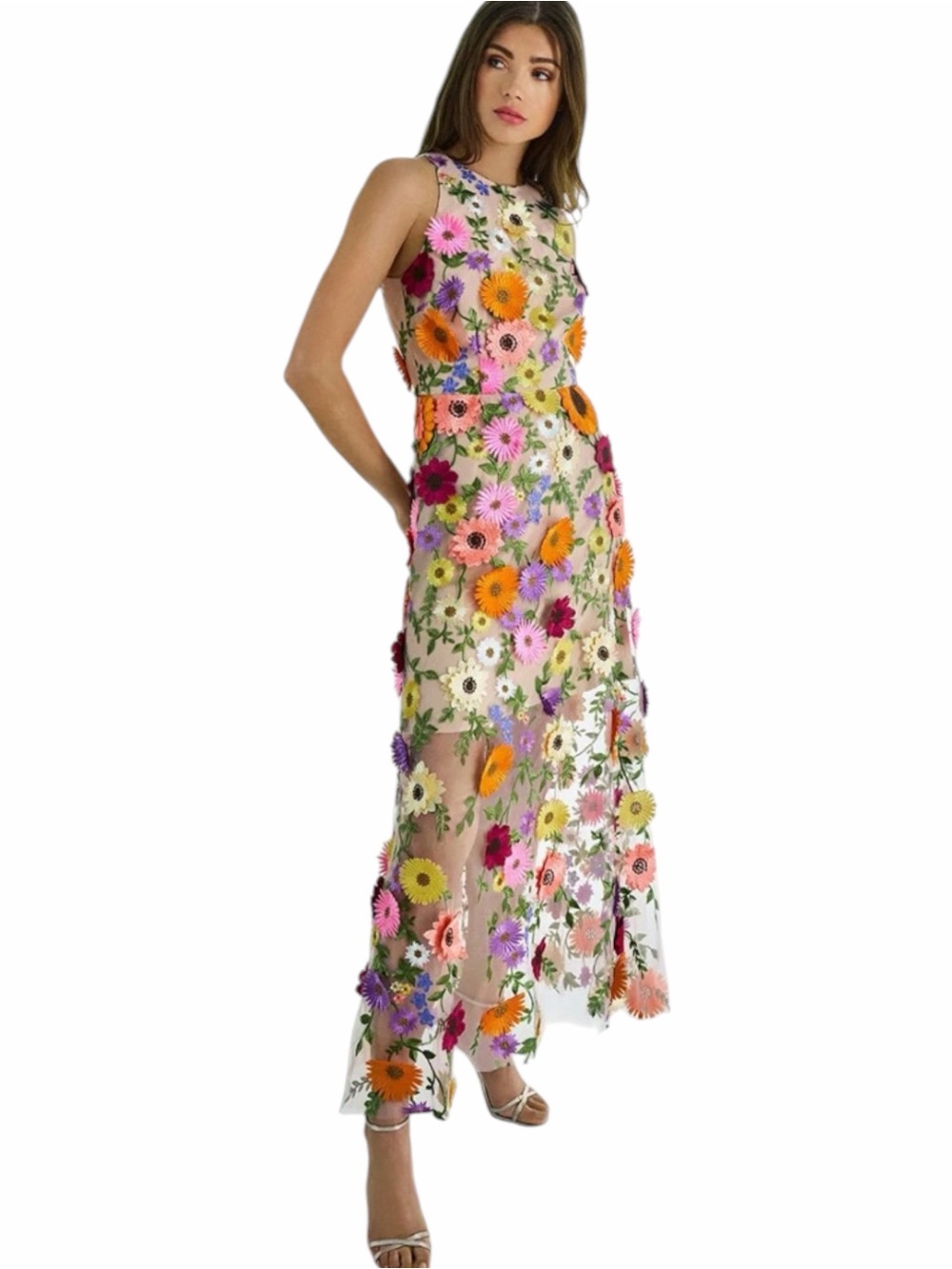 NWT Milly Hannah 3D Floral Embroidered Tulle Midi Maxi Dress Women’s 8